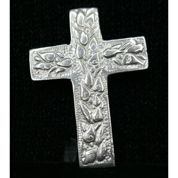 Other - Polished Cast Pewter Wall Cross Embossed Leaves Flames 5 inch